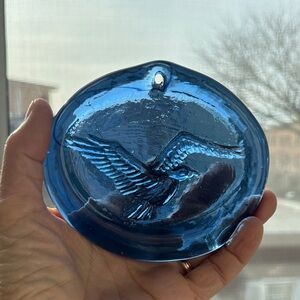 Old Hancock? glass suncatcher, cobalt blue, bird in flight, 4” wide